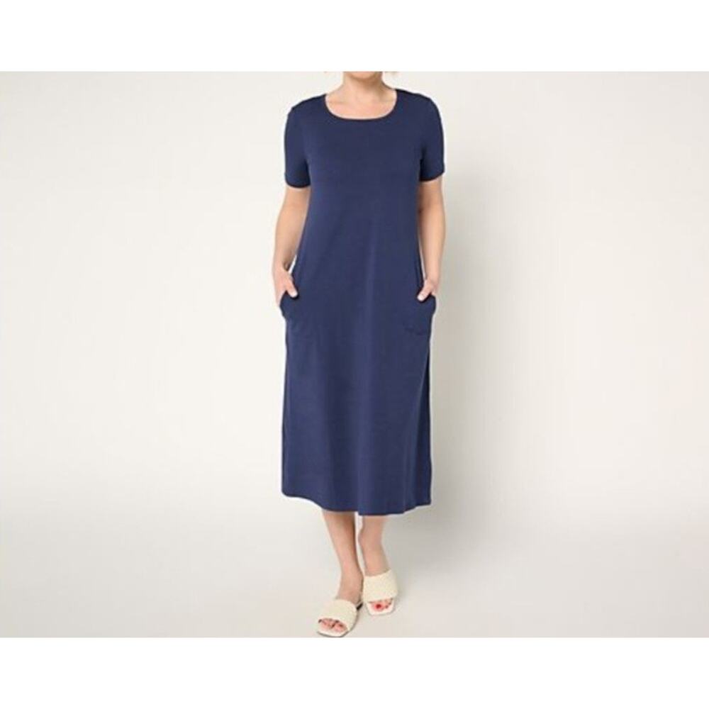 Denim&Co M Tall Navy Blue Short-Sleeve Midi Dress
